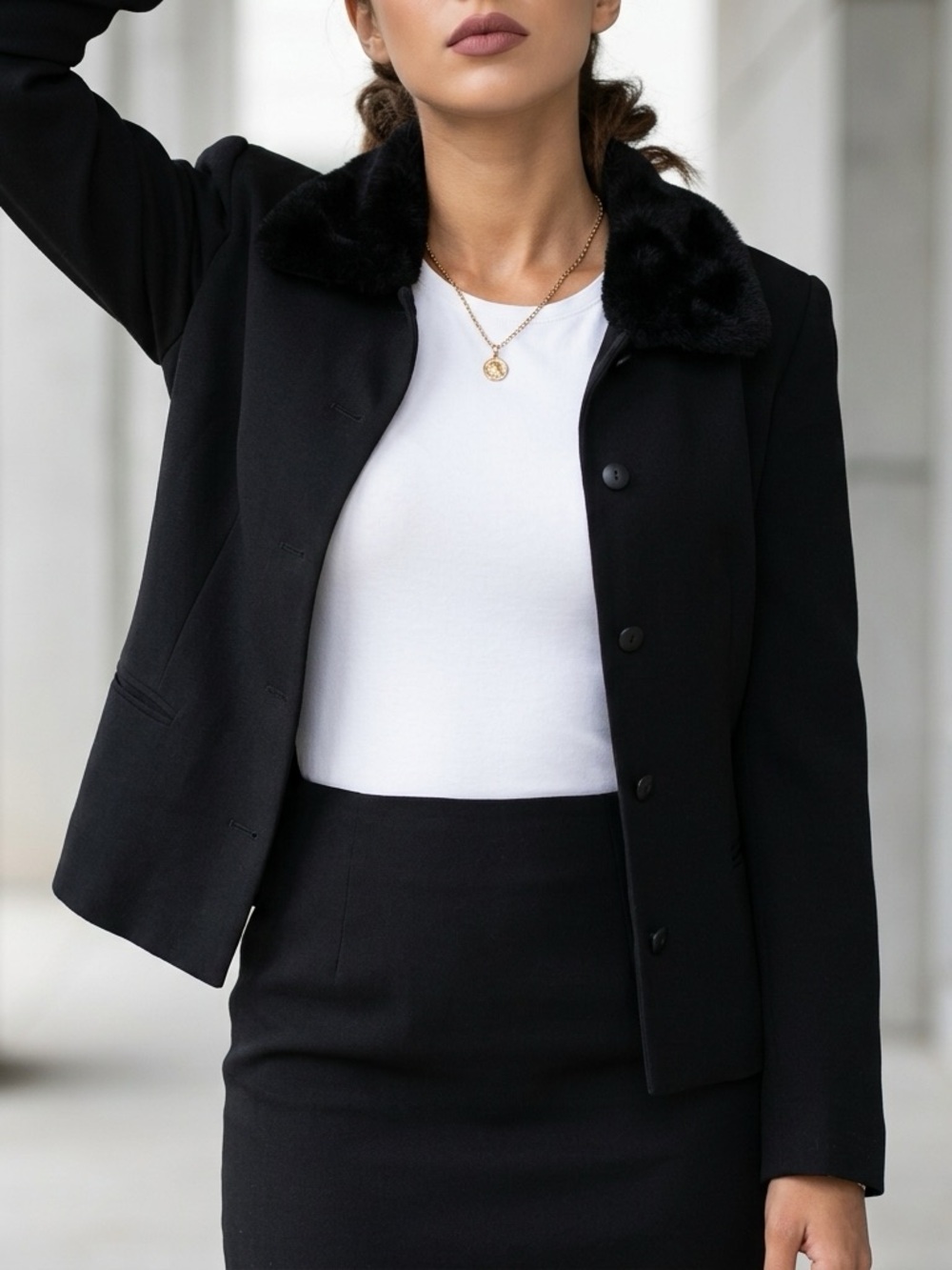 Maggy London Black Blazer with Wide Fur Collar